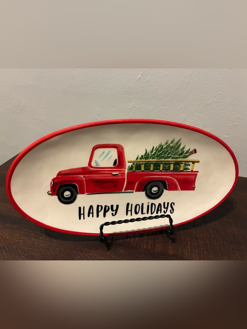 Magenta Red Truck Holiday Serving Platter with Tree